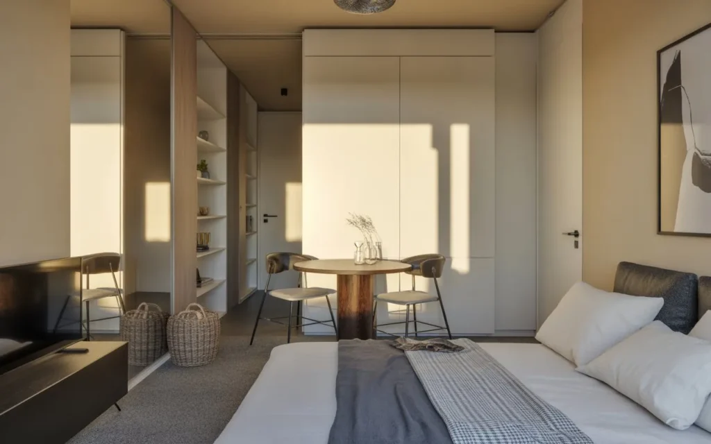large mirror studio apartment idea to visually expand small spaces