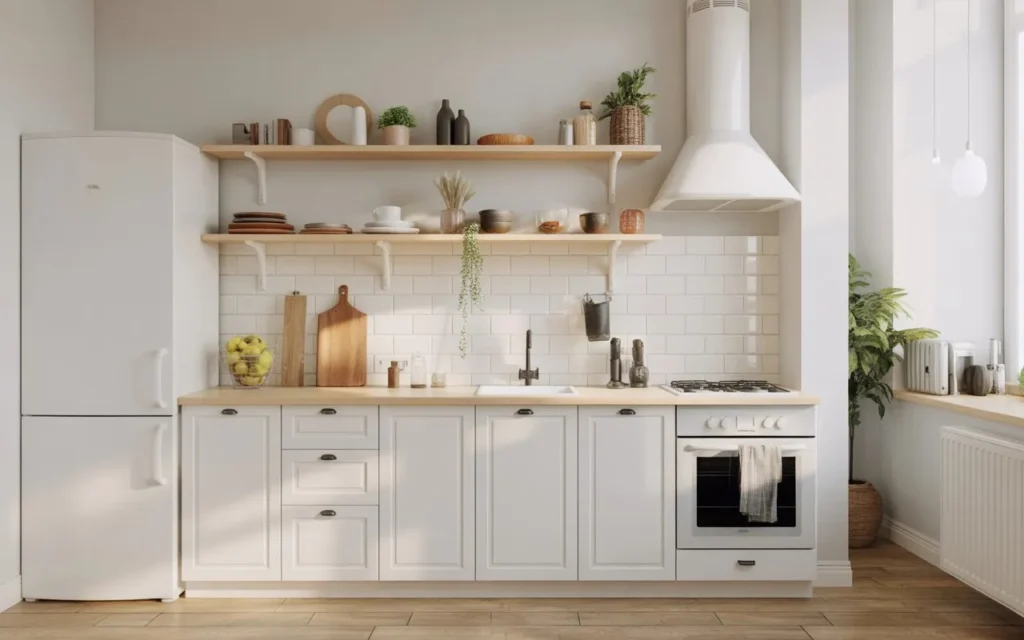 open shelving kitchen design in small studio apartment