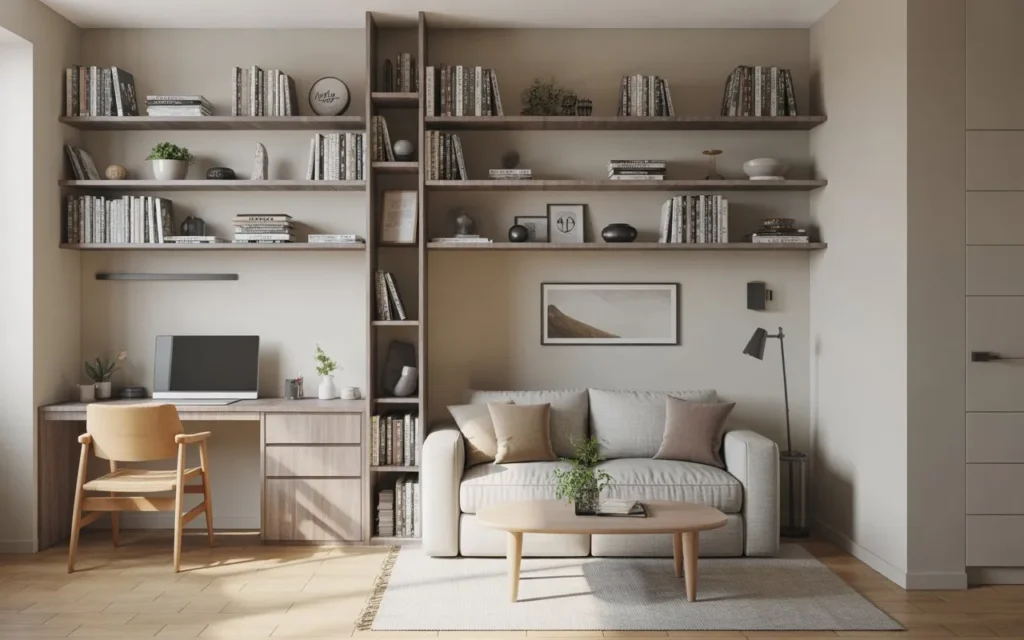 vertical storage shelves in a small studio apartment for space saving