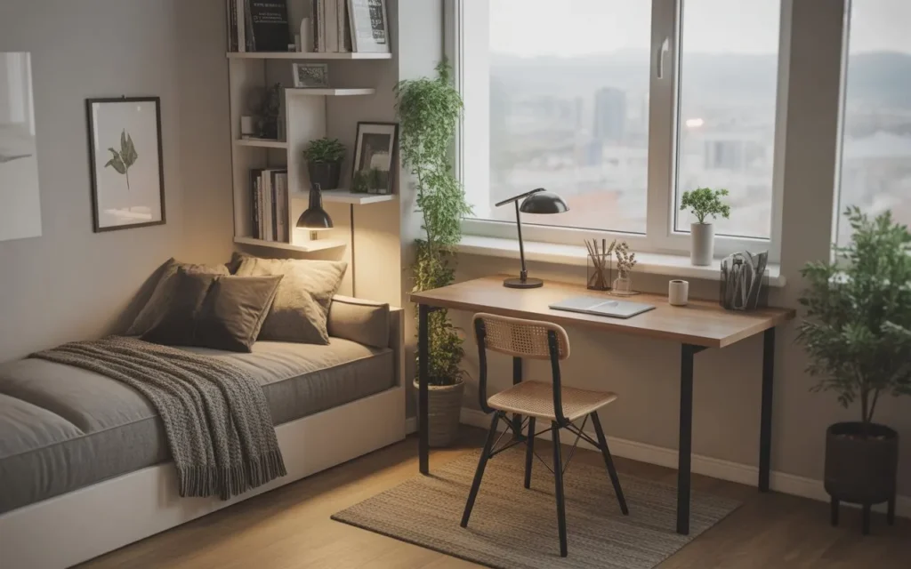 small workspace setup in studio apartment