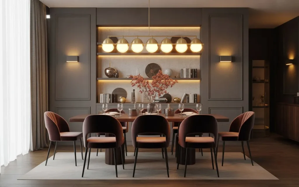 brass dining room light fixture above wooden table
