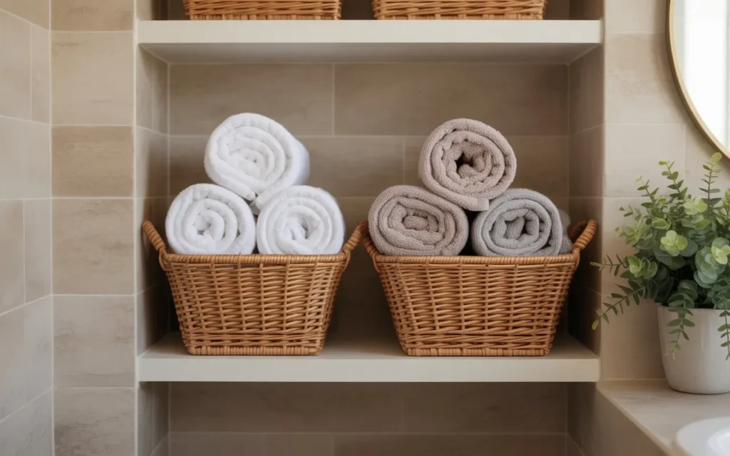 spa style rolled towel storage in small bathroom