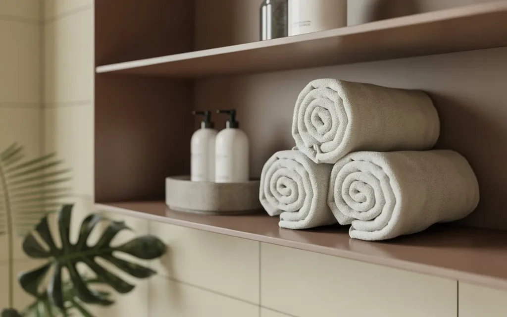 hotel style towel storage in luxury bathroom