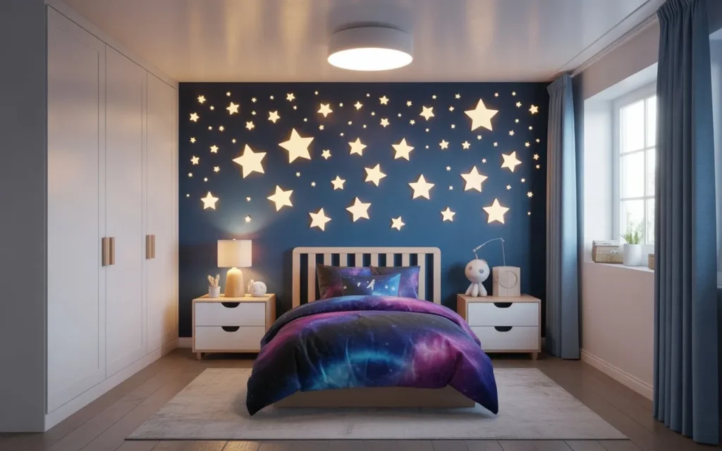 space themed toddler room with star decorations