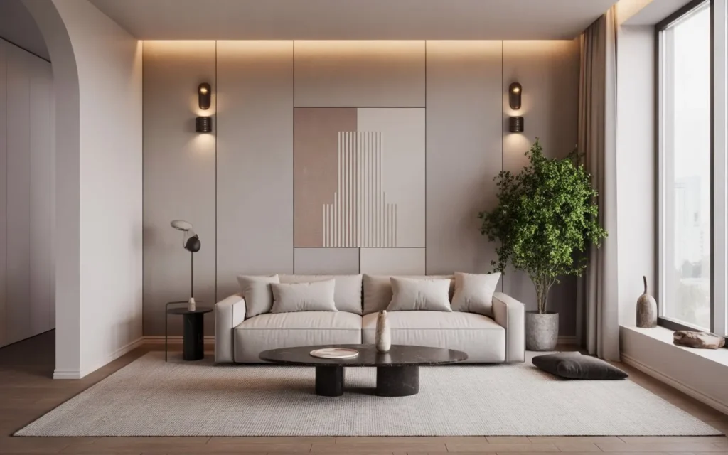 narrow living room with large area rug