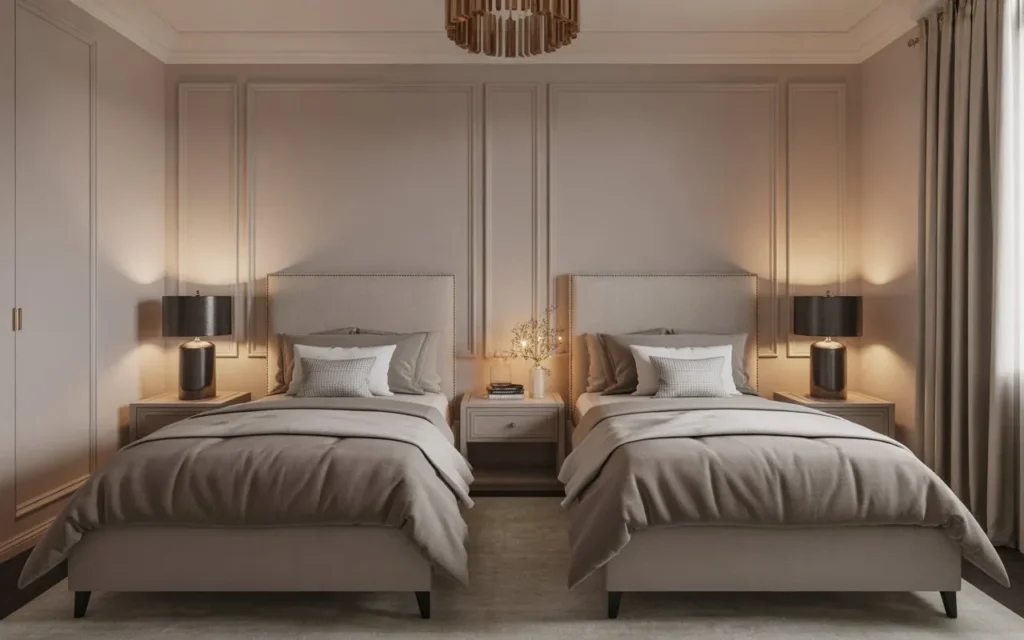 symmetrical guest bedroom with twin beds and matching nightstands