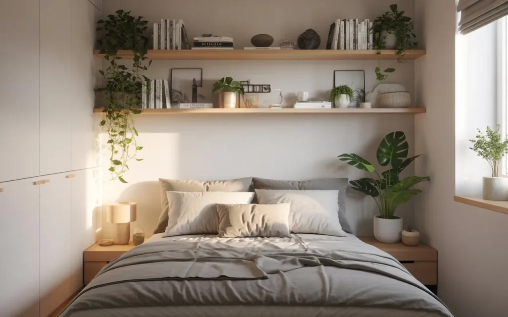 small bedroom using vertical wall shelves for storage
