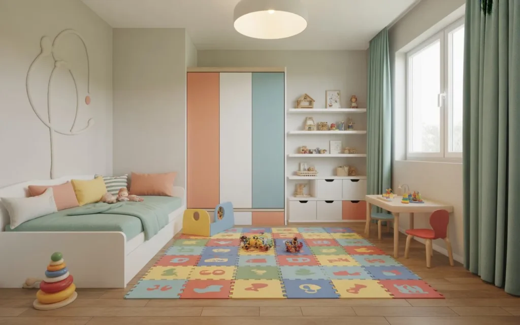 toddler bedroom with play area and toy storage