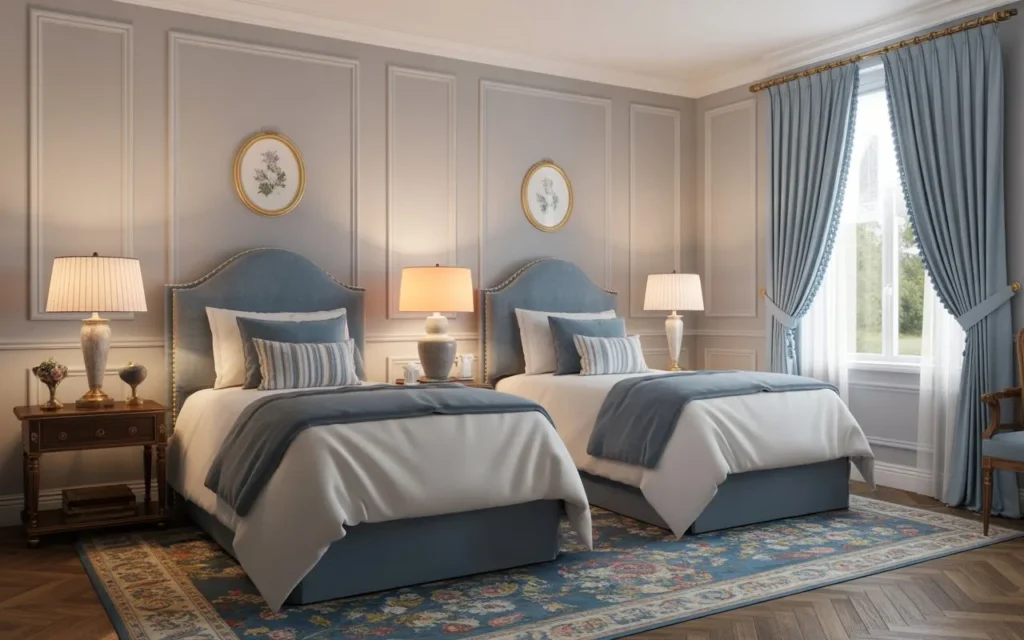 traditional guest bedroom with twin beds and classic decor