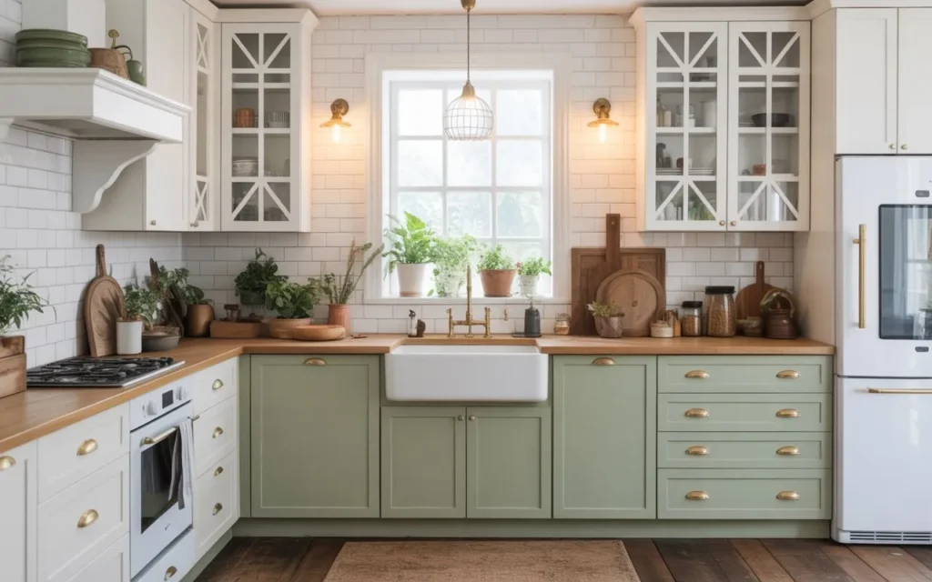 two tone farmhouse kitchen with sage green lower cabinets and white upper cabinets