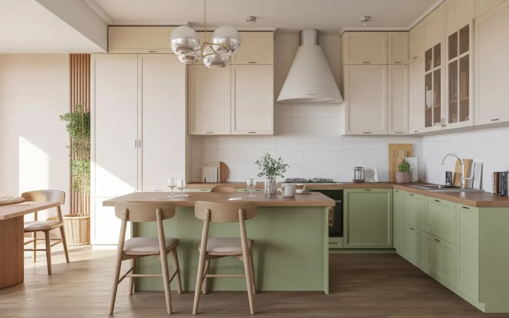 two tone sage green kitchen design