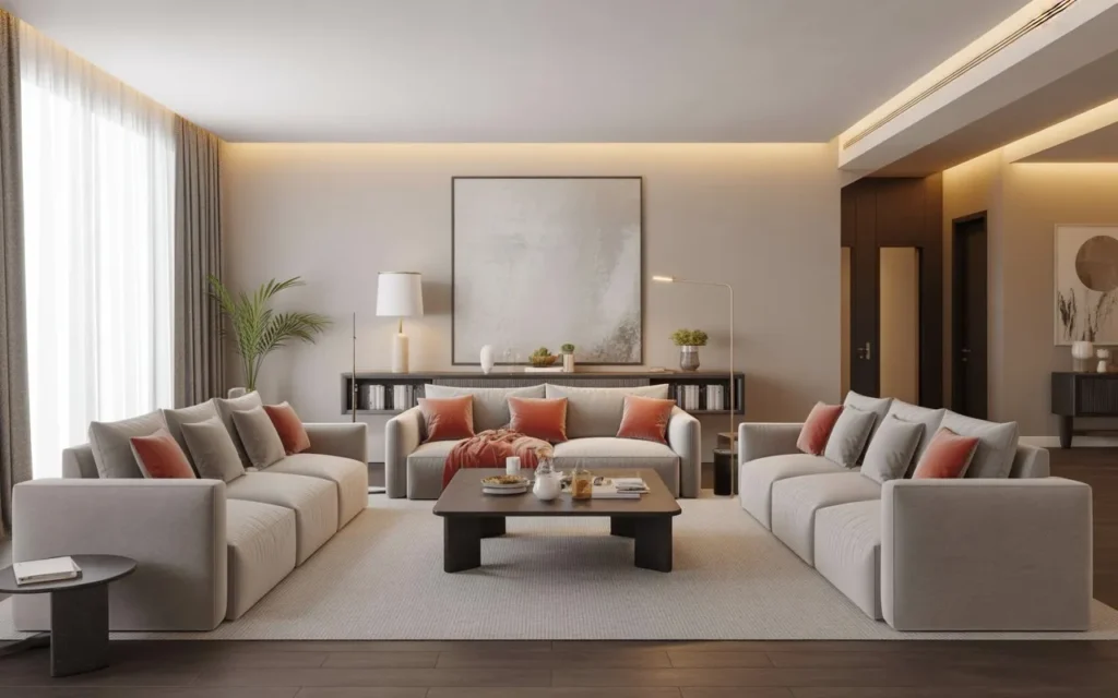 U shaped living room layout idea with sofas around coffee table