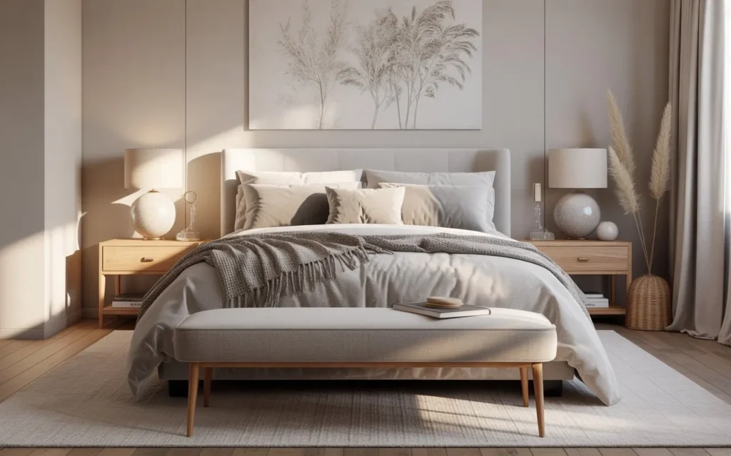 upholstered bench at foot of bed in stylish bedroom