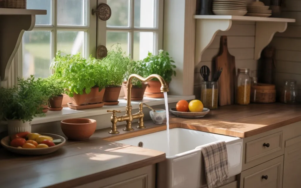 white farmhouse apron sink in cottage core kitchen