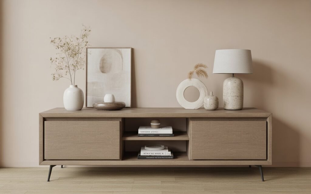 cohesive neutral wood console table decor