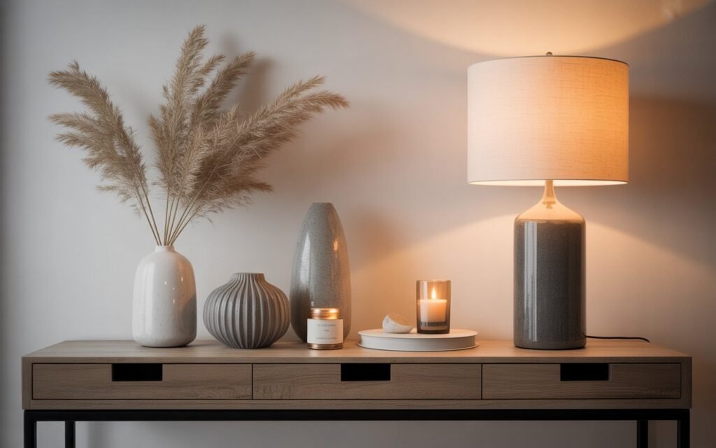 layered decor wood console table styling