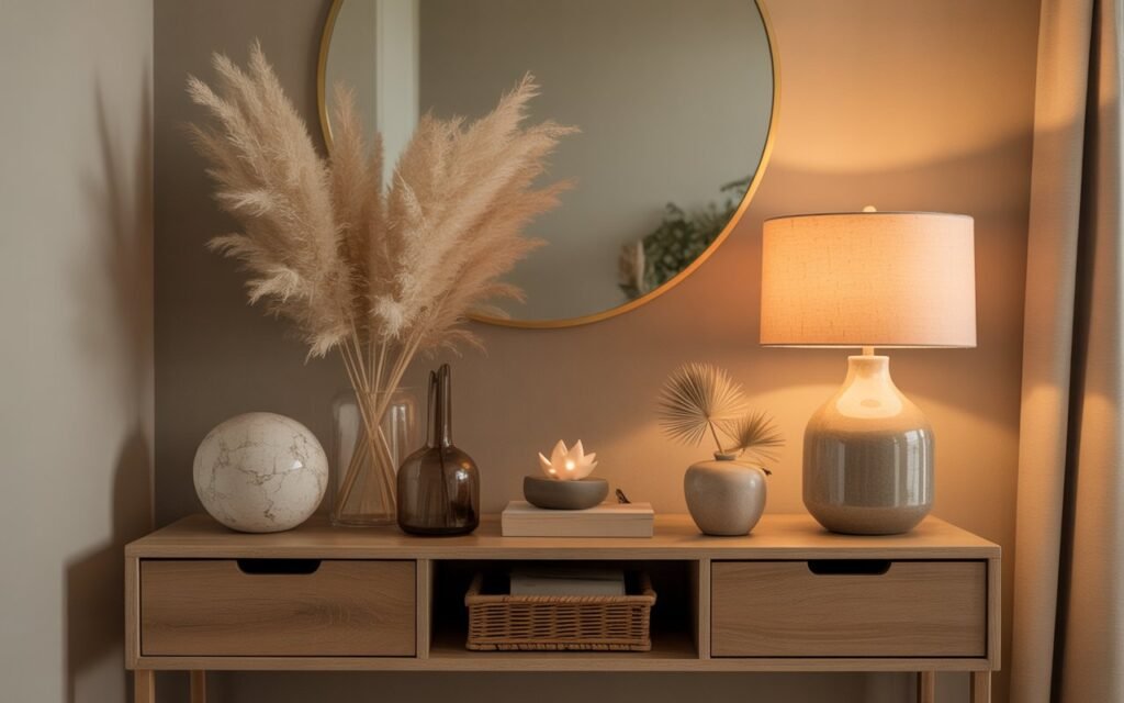 wood console table lamp cozy decor