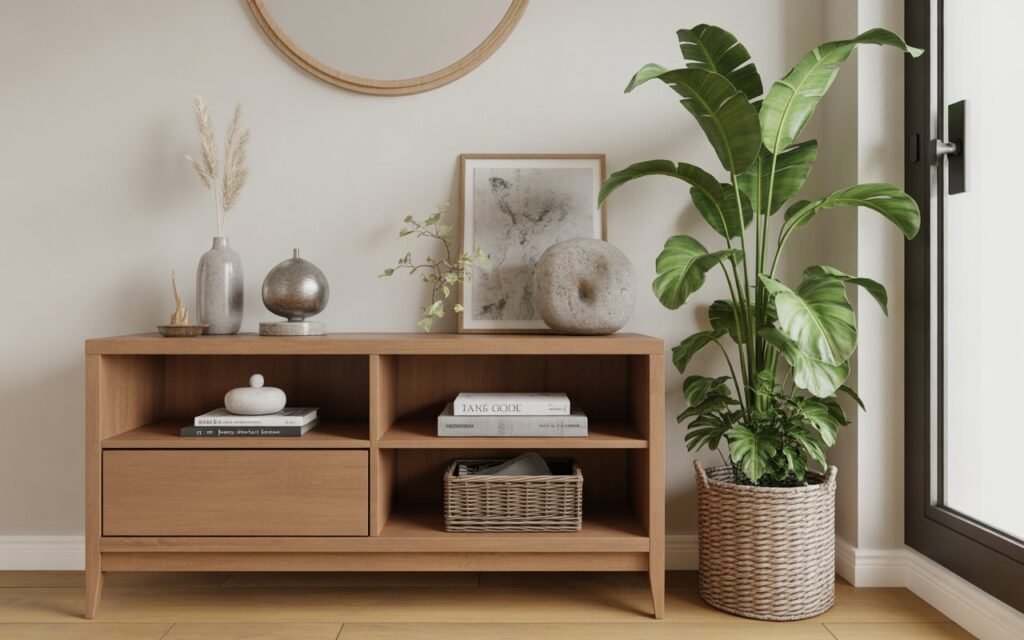 natural wood console table decor greenery
