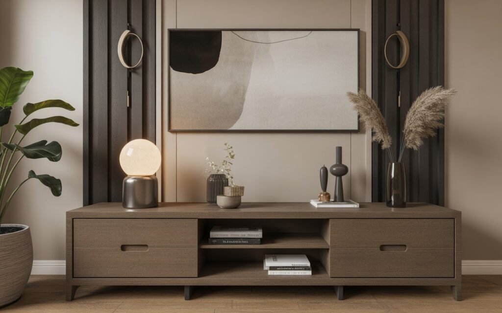 wood console table with artwork decor