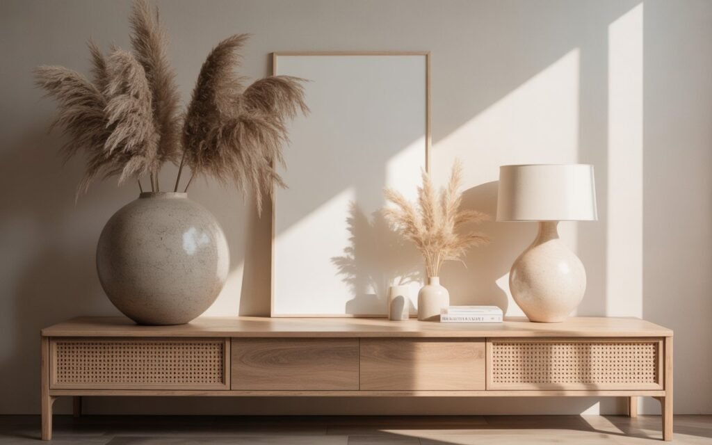 statement vase wood console table decor