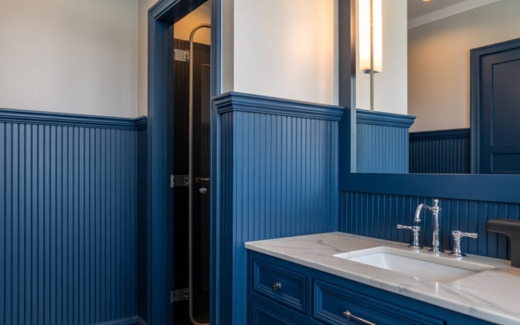 navy beadboard bathroom