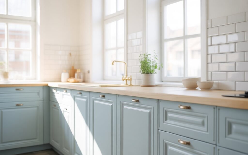 light blue kitchen cabinets in airy bright kitchen