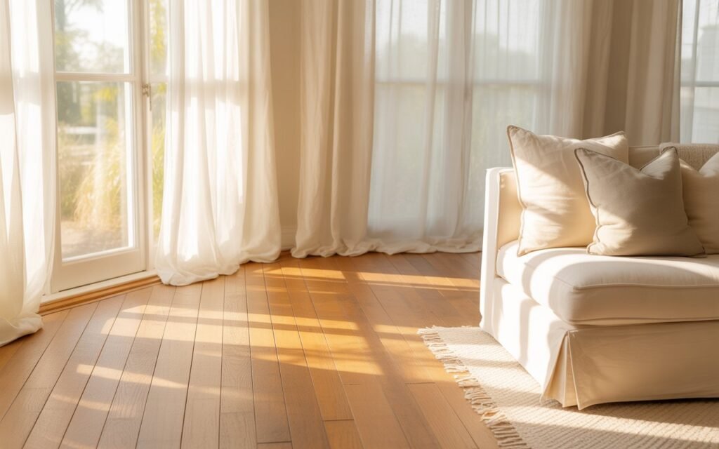 honey oak floors with light sheer curtains and natural light