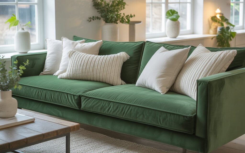 green sofa white living room