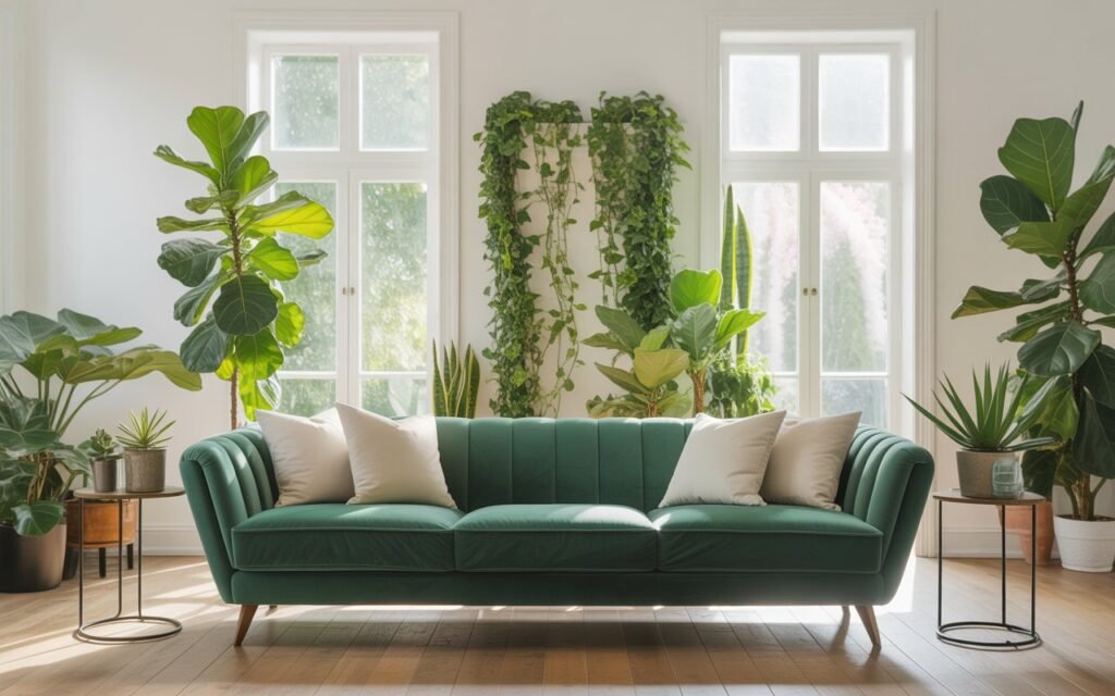 green sofa with plants living room