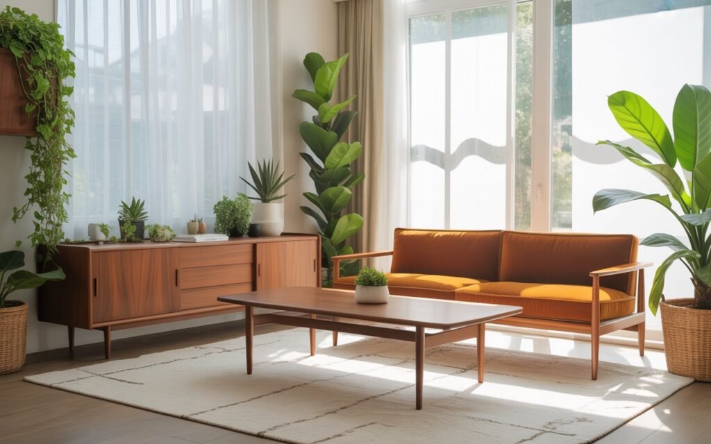 mid century living room plants decor