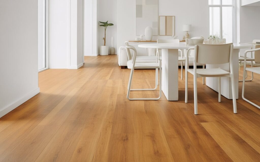 honey oak floors paired with white furniture for contrast
