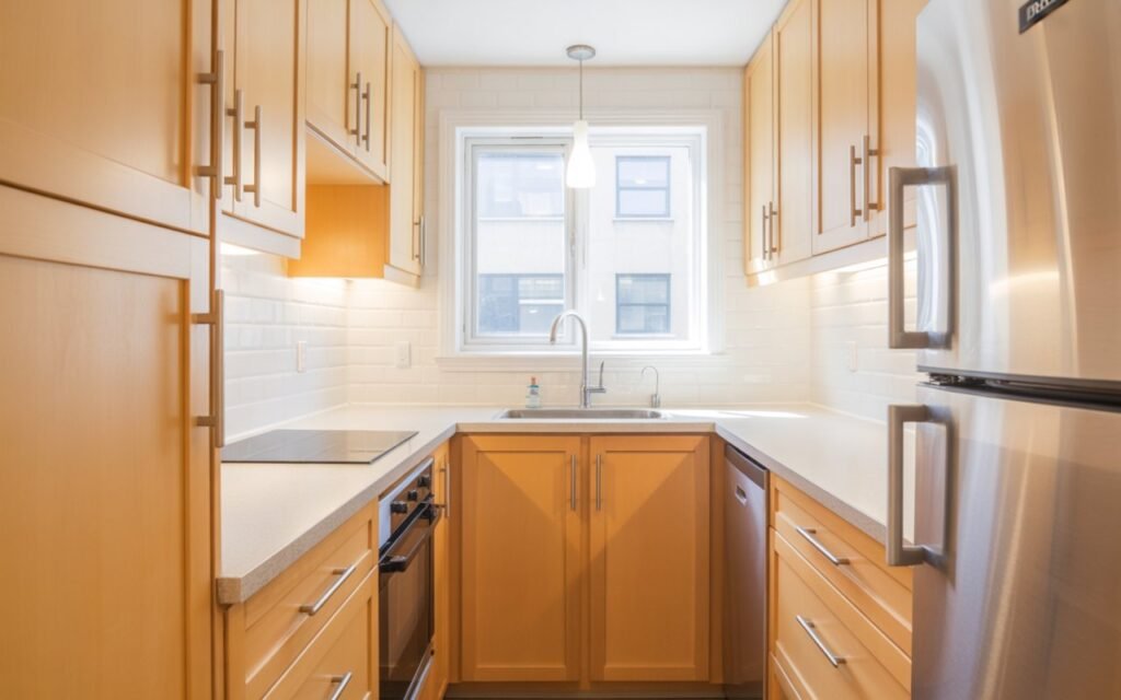 small kitchen with wooden cabinets