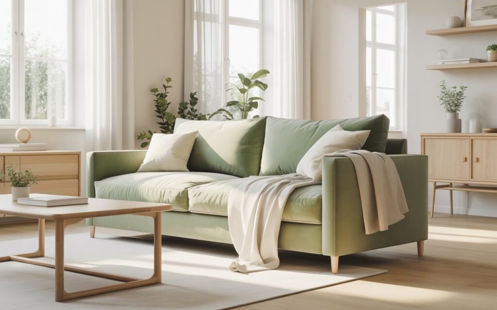 sage green sofa calm living room