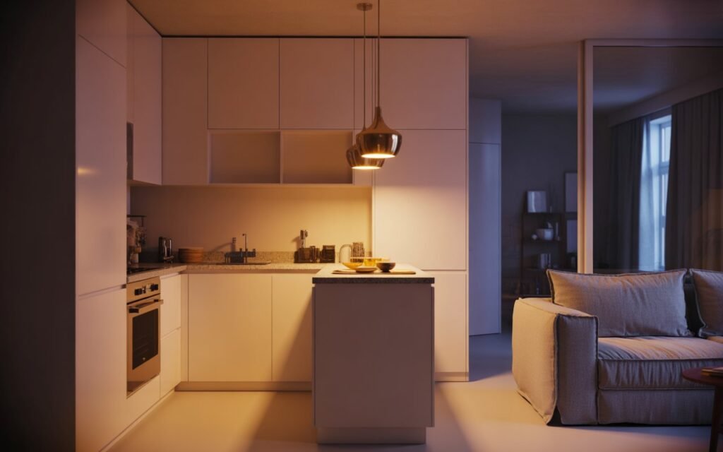 tiny open kitchen and living room with statement pendant lighting