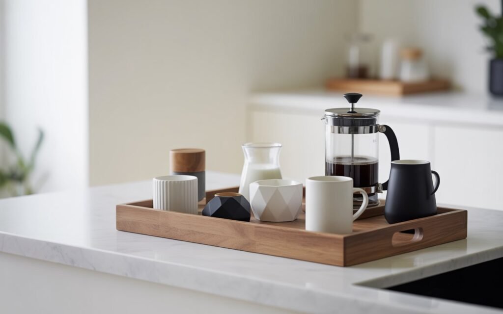 coffee station with tray organizing essentials