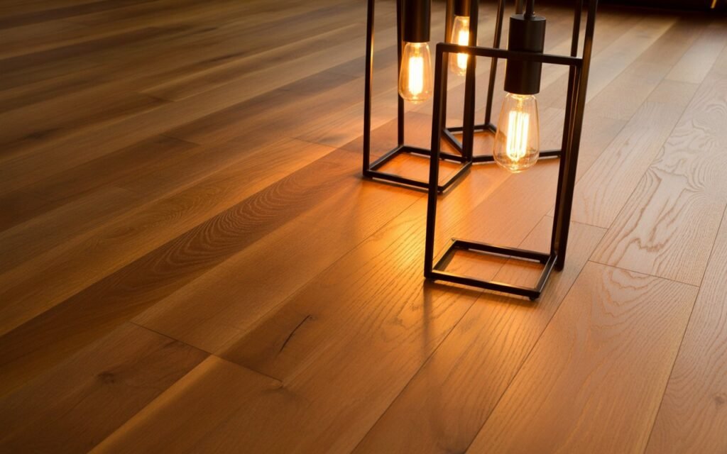 honey oak floors with modern lighting fixtures for updated look