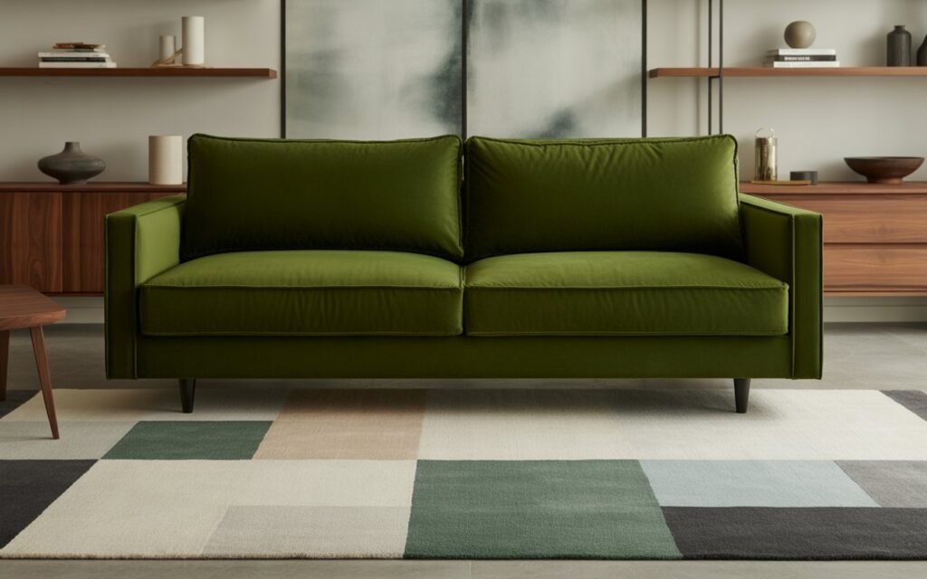green sofa patterned rug living room