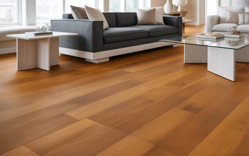 honey oak floors with modern minimalist furniture and clean design