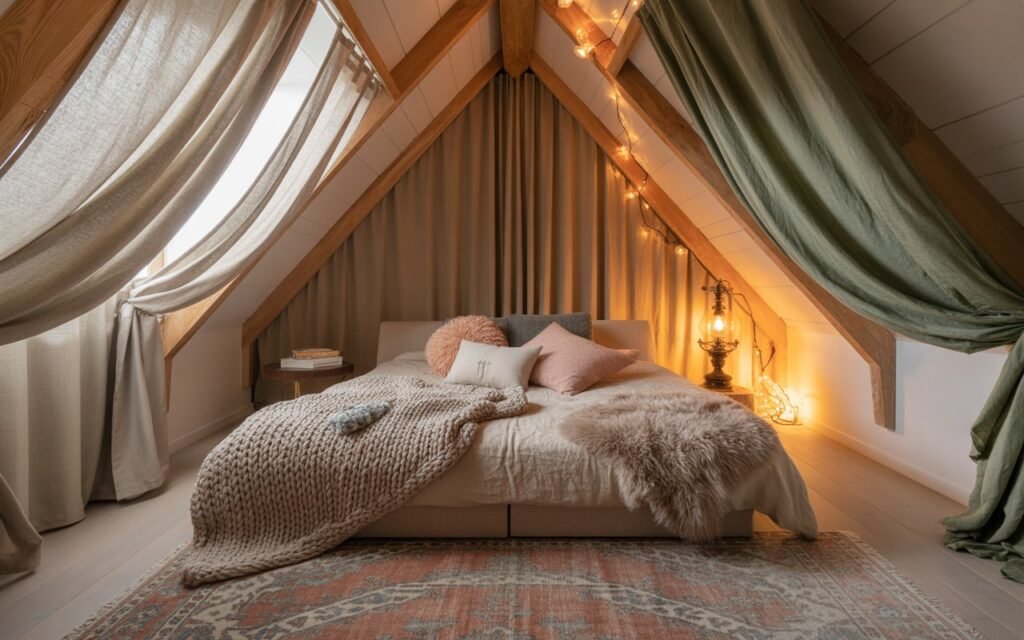 attic bedroom with soft fabrics like curtains and rugs to soften angles