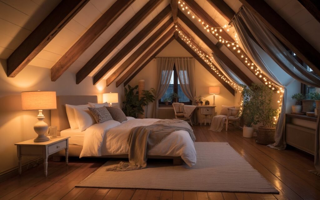 attic bedroom with warm layered lighting setup