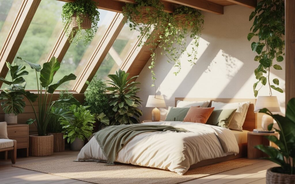 attic bedroom with indoor plants and natural light