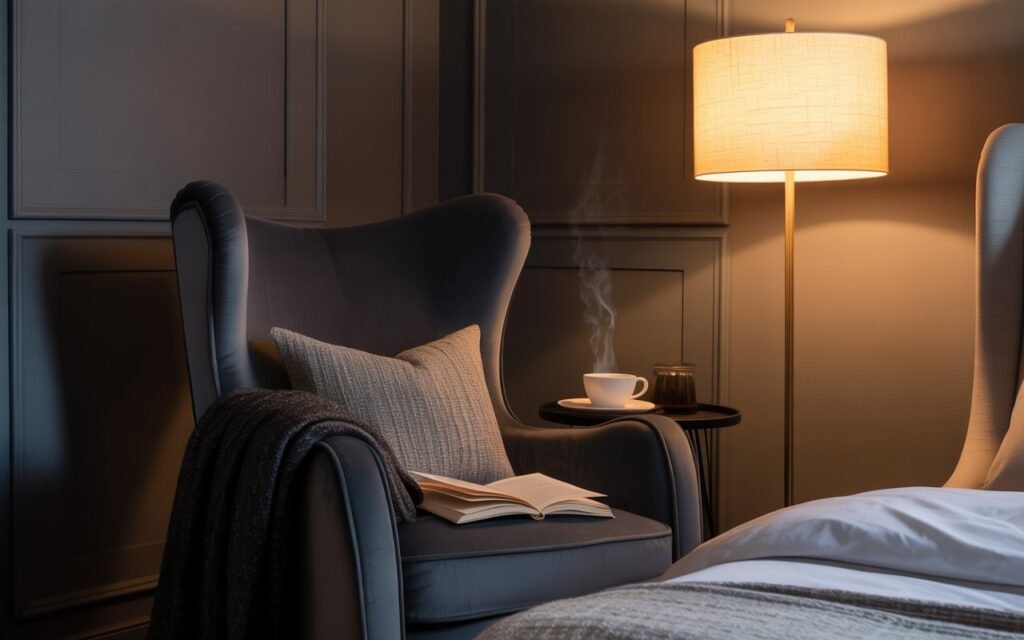 black grey bedroom cozy corner