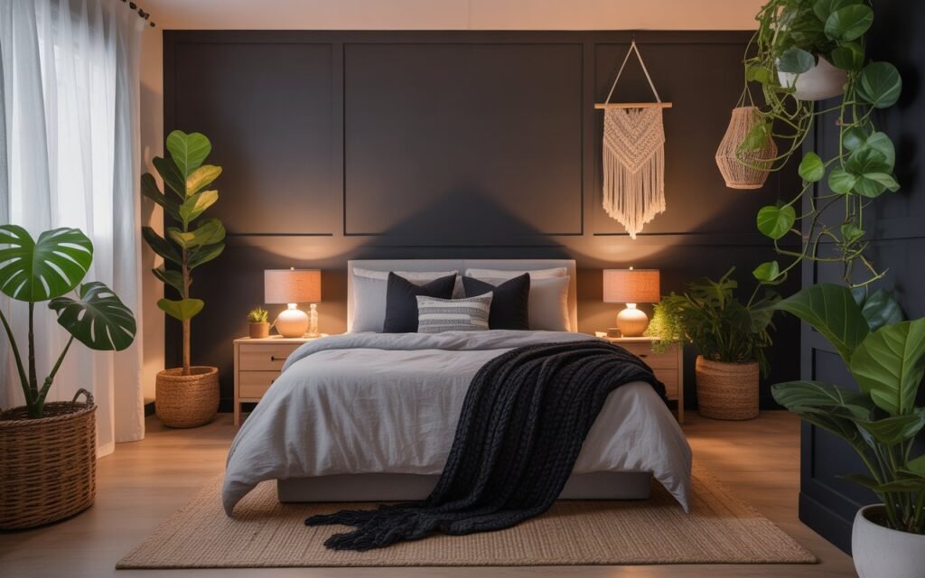 black grey bedroom plants decor