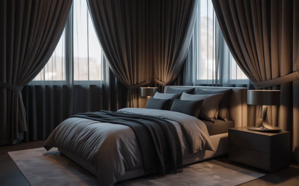 black grey bedroom dark curtains