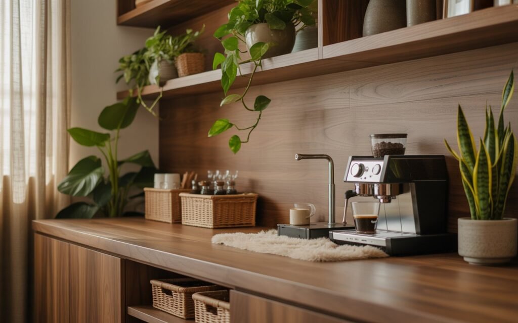 coffee station with natural elements and plants