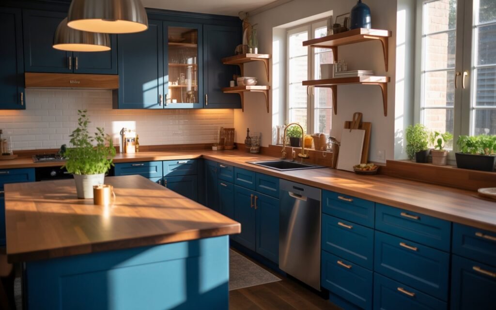 blue kitchen cabinets with wood elements