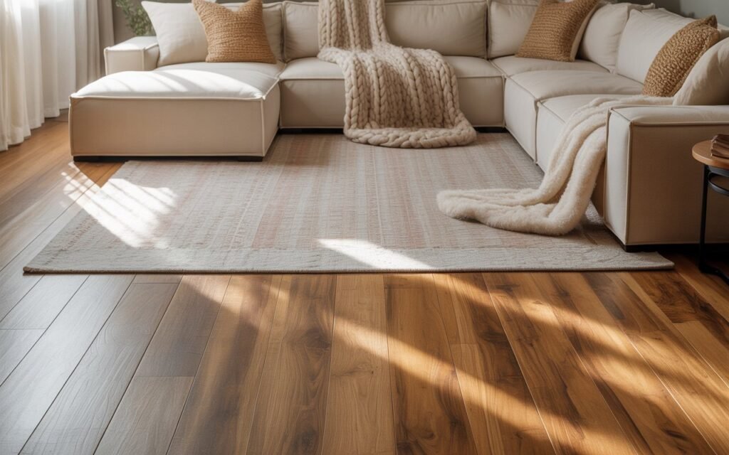 honey oak floors styled with a large neutral rug