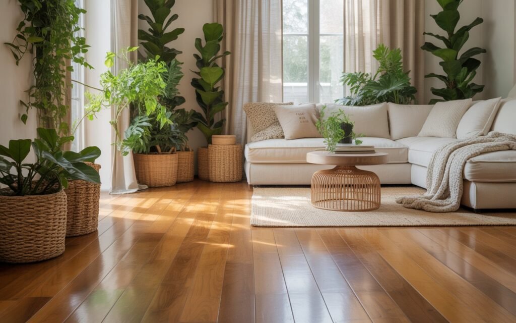 honey oak floors with plants and natural decor elements