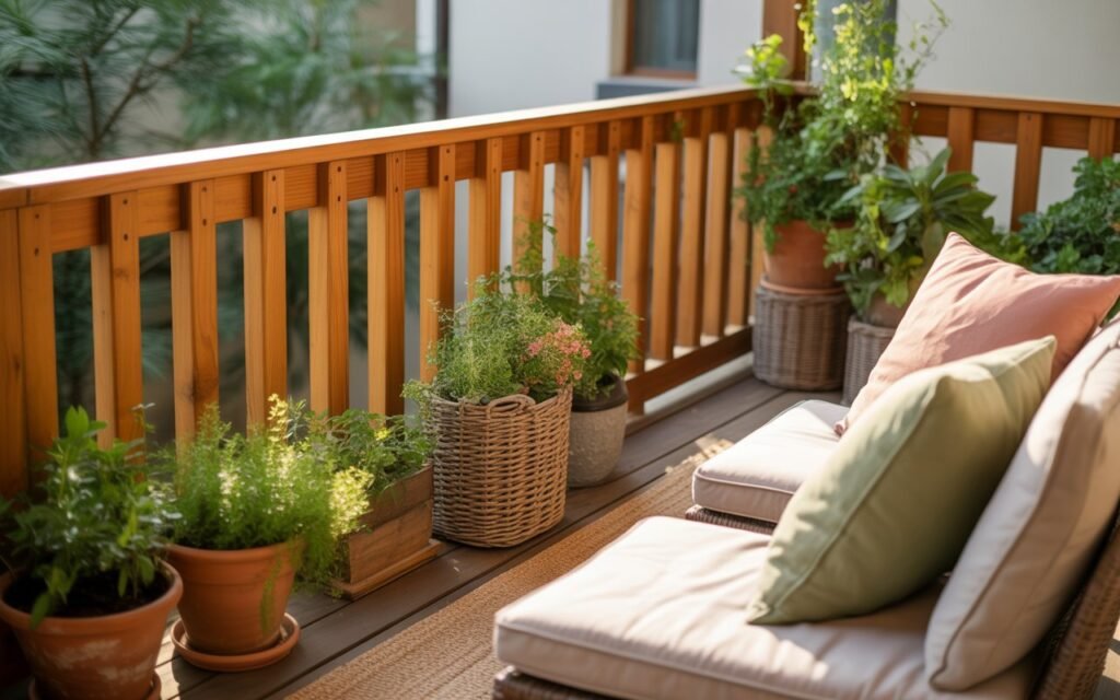 balcony with warm wooden railing design