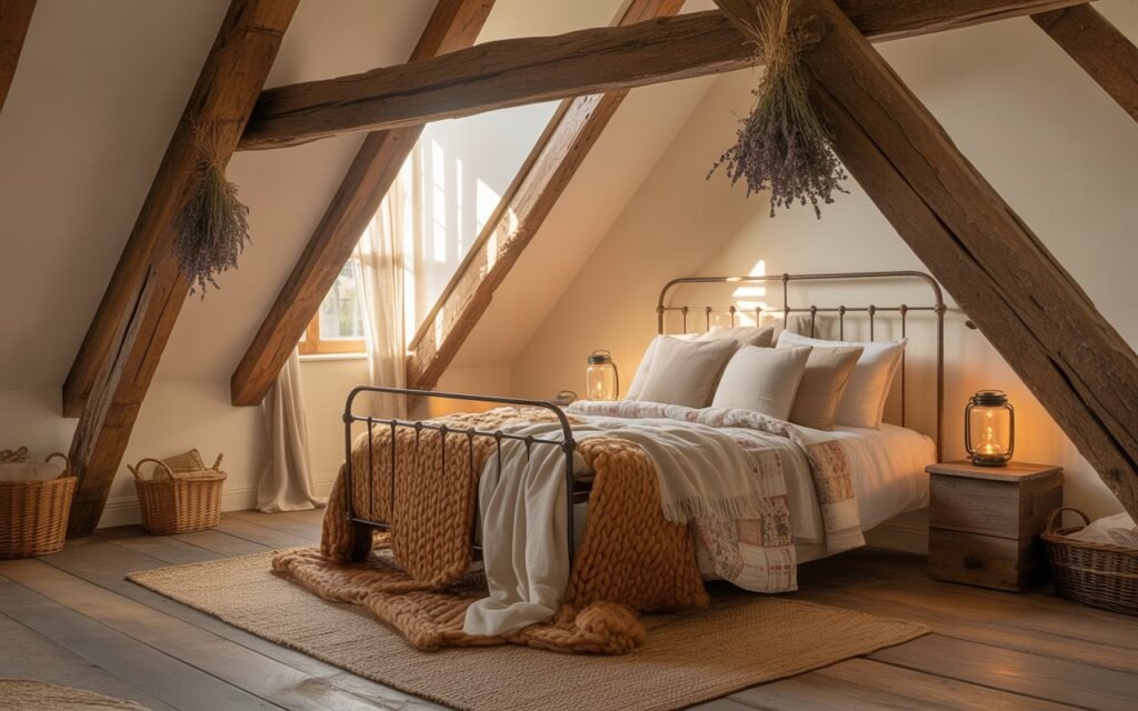 attic bedroom with exposed wooden beams and rustic design